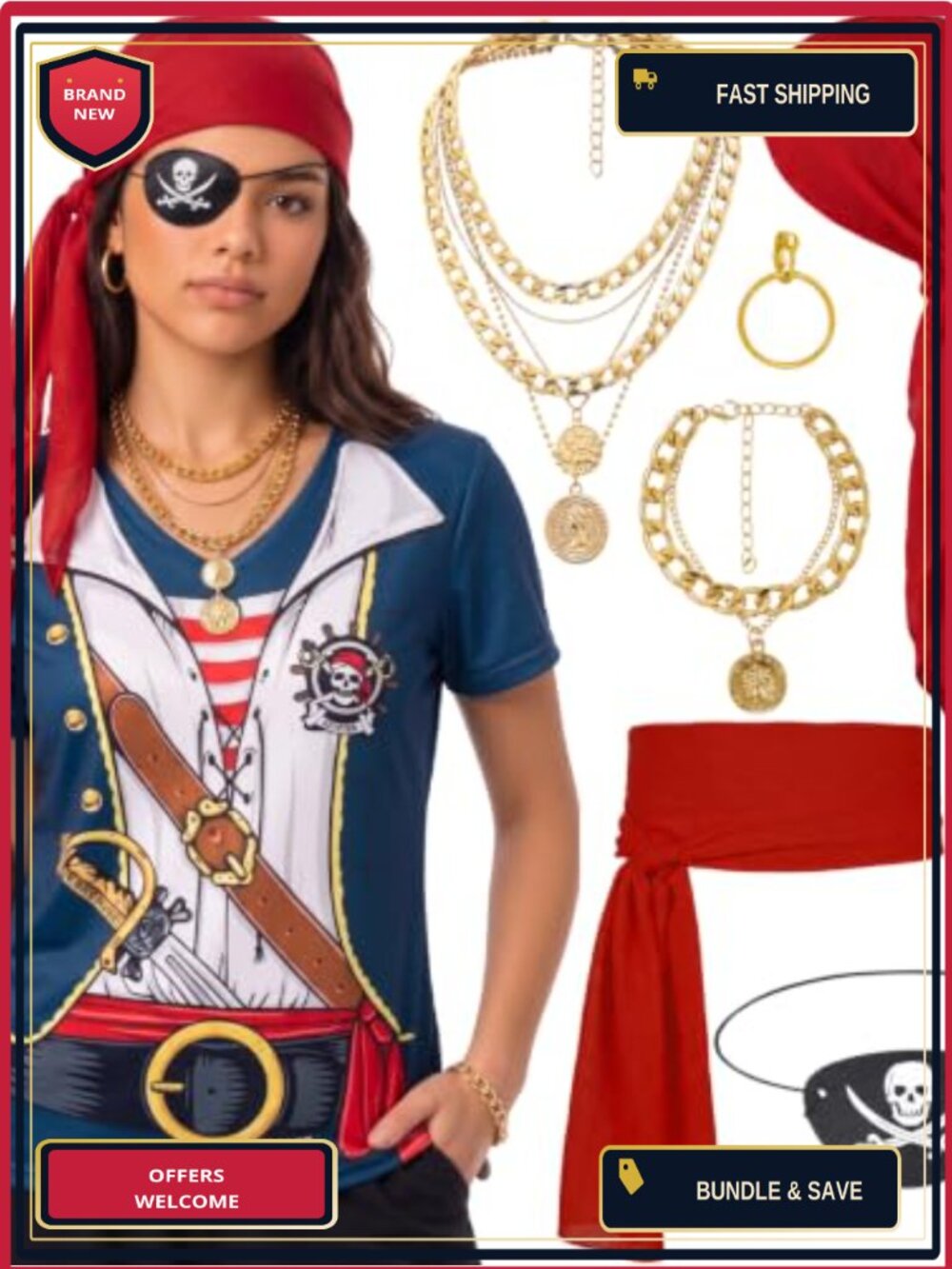 7pc Pirate Costume Set Women V-Neck Shirt Bandana Sash Eye Patch Jewelry